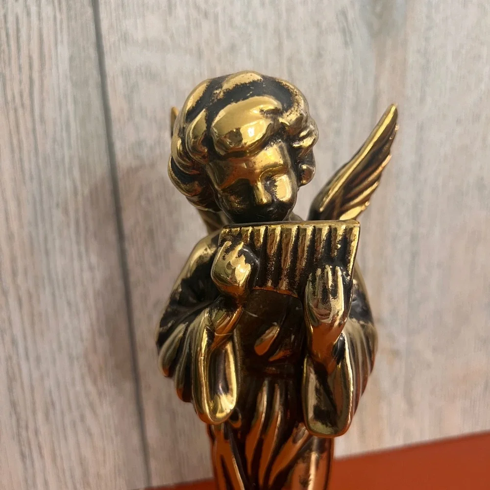 Vintage Gold Tone Angel Figurine Playing Pan Flute Winged Celestial Decor 8.25in